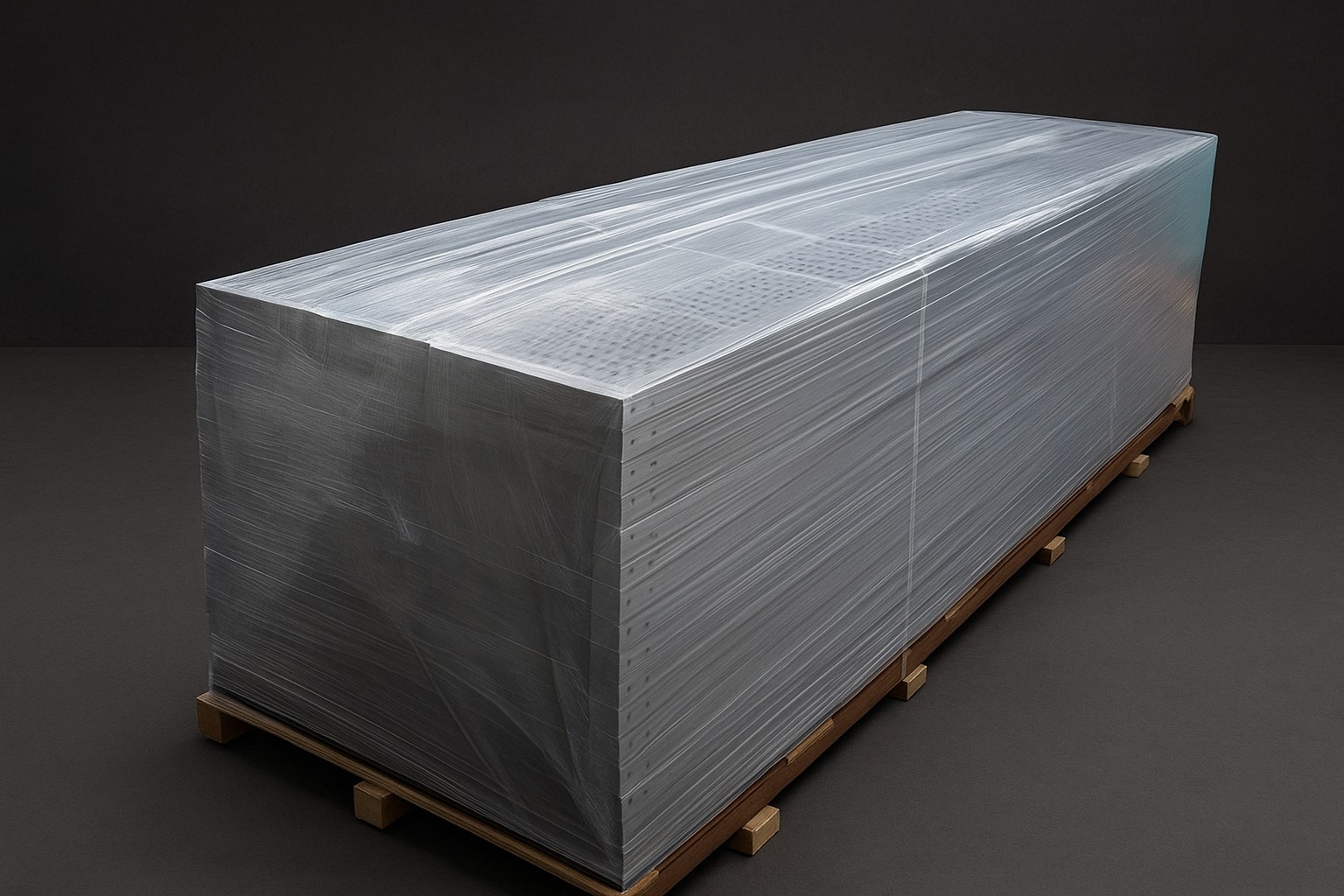 Perforated cable trays securely packaged on wooden pallet for export shipment – industrial-grade cable management trays wrapped for safe transport by Superfab Industries Pvt. Ltd.